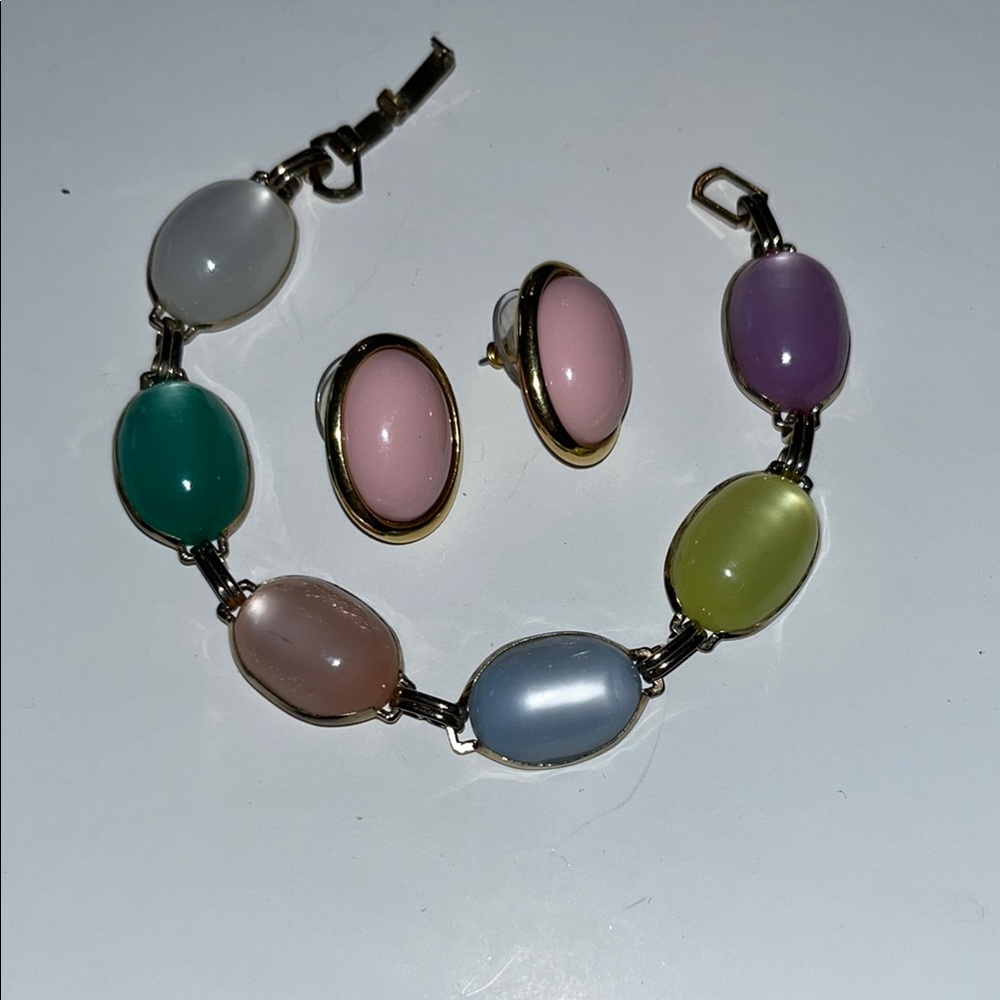 Vintage Trifari Multicolor Faux Gemstone Bracelet and Earring Set